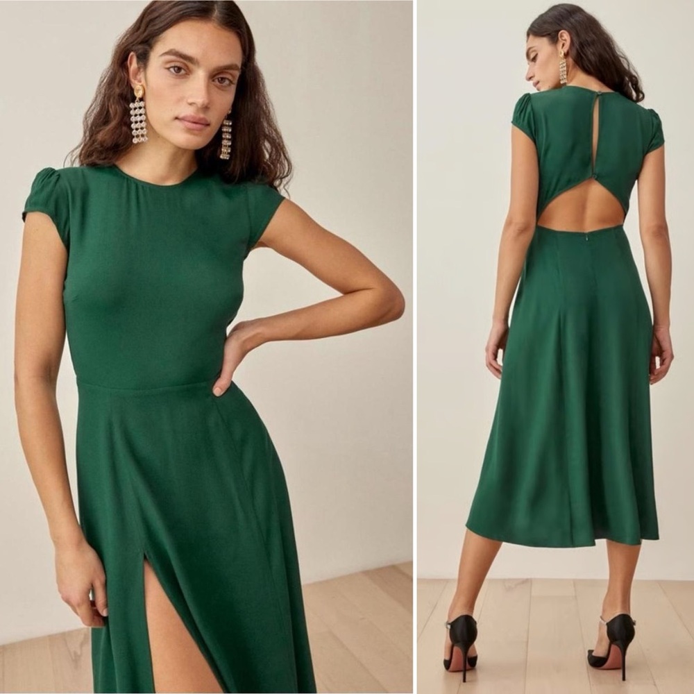 Reformation Gavin Dress Emerald Green Cutout Back Midi with Side Slit Size 2 NWT